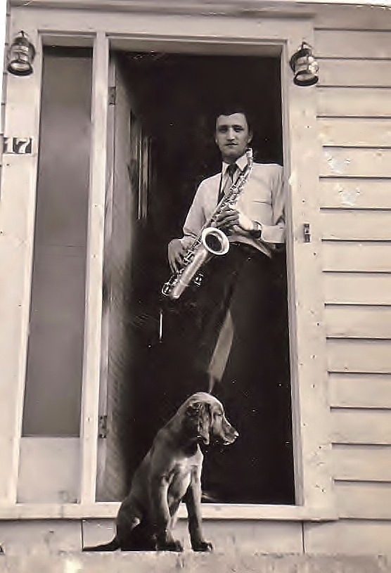 Dad in his "Saxophone Era" at age 19 with his dog Texie (1953)