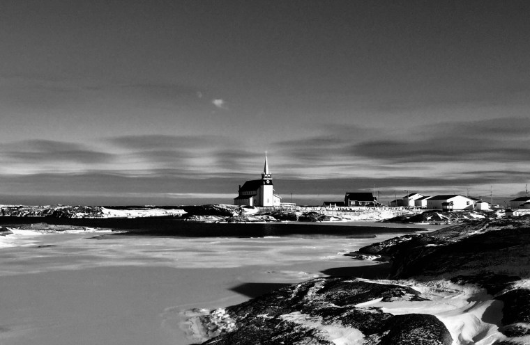 Black and white image of Anglican church in Newtown, Newfoundland